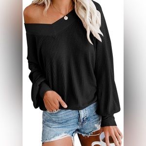 ADREAMLY V Neck Long Sleeved Waffle Knit Off Shoulder Pullover Black Size 2X